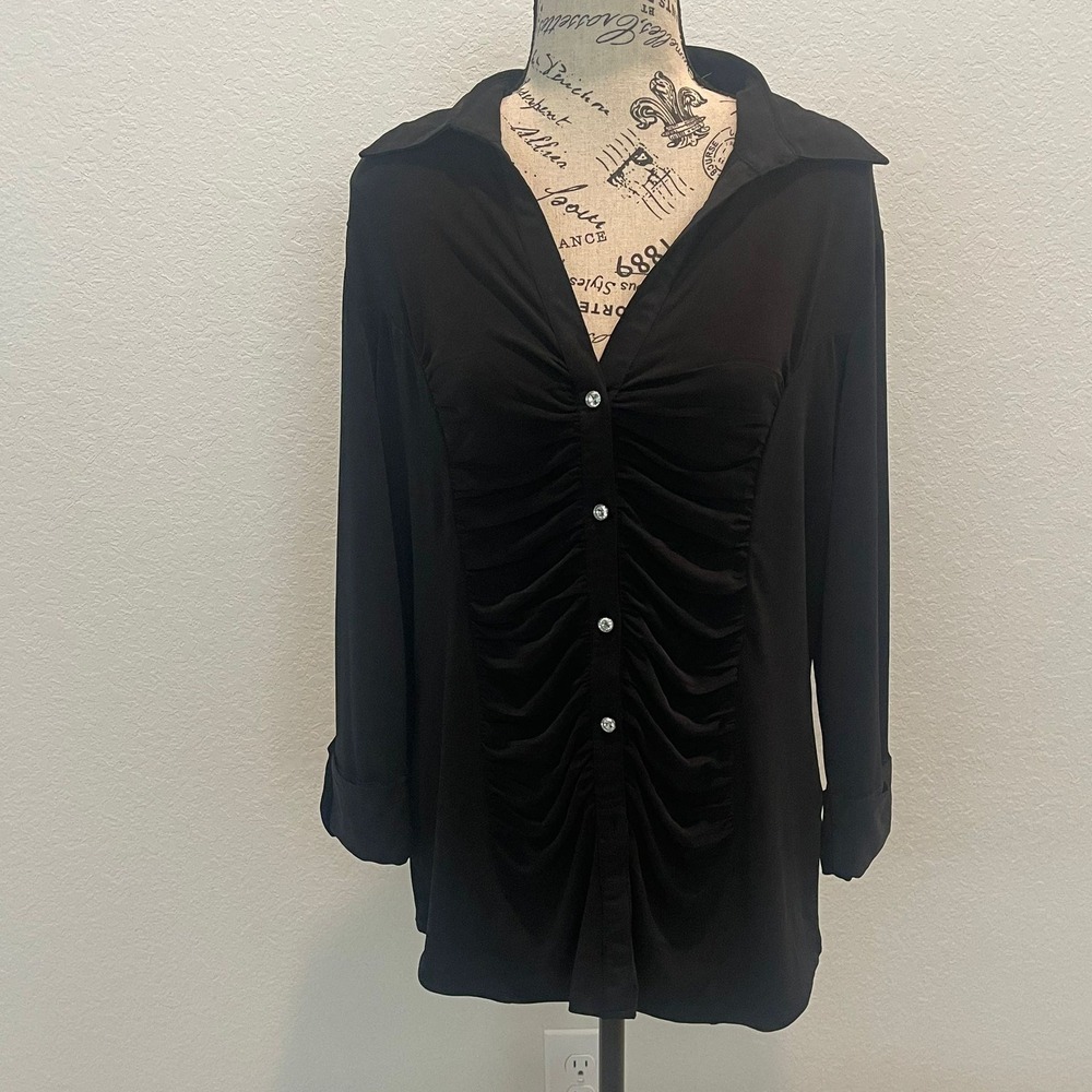 Tango Mango Women's Black Ruched Button Front Shirt‎ L Romantic Classic